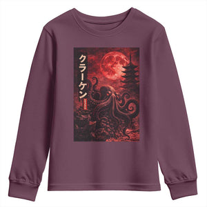 Vintage Sea Monster Youth Sweatshirt Horror Japanese Octopus Mythology Temple Red Moon TS10 Maroon Print Your Wear