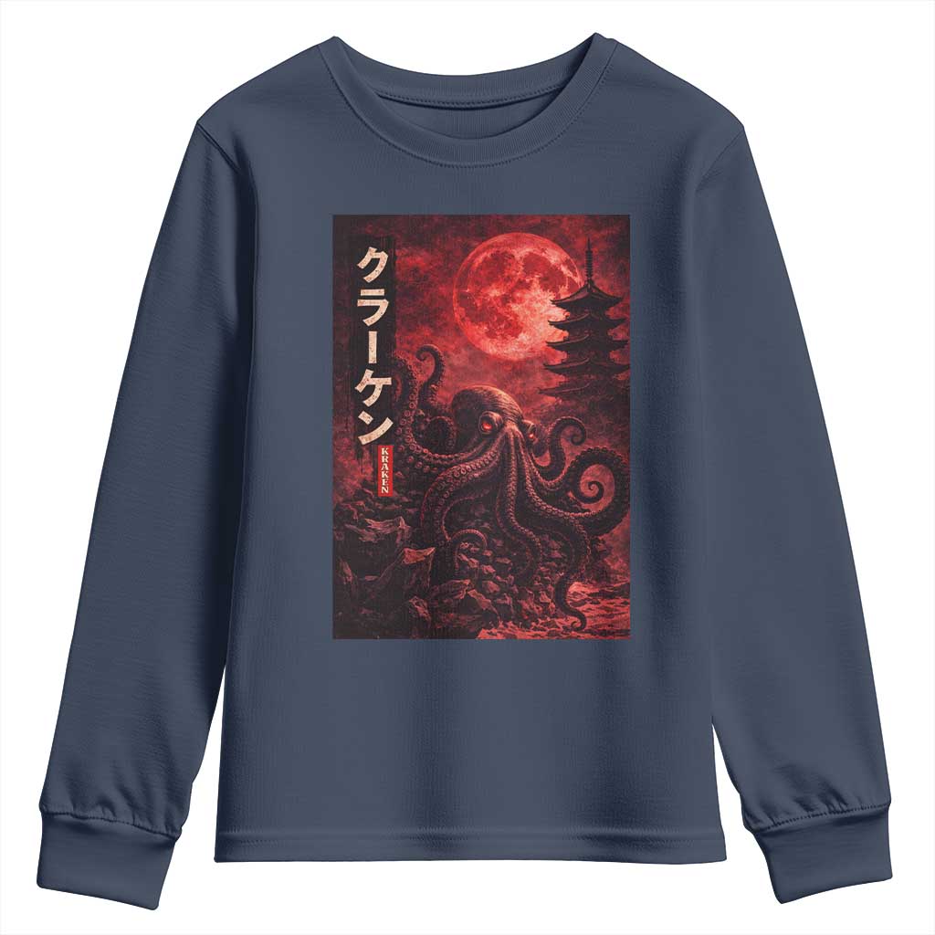 Vintage Sea Monster Youth Sweatshirt Horror Japanese Octopus Mythology Temple Red Moon TS10 Navy Print Your Wear