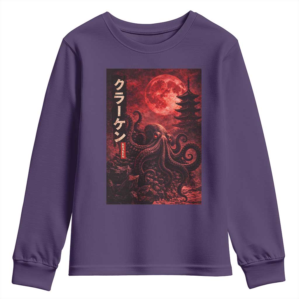 Vintage Sea Monster Youth Sweatshirt Horror Japanese Octopus Mythology Temple Red Moon TS10 Purple Print Your Wear