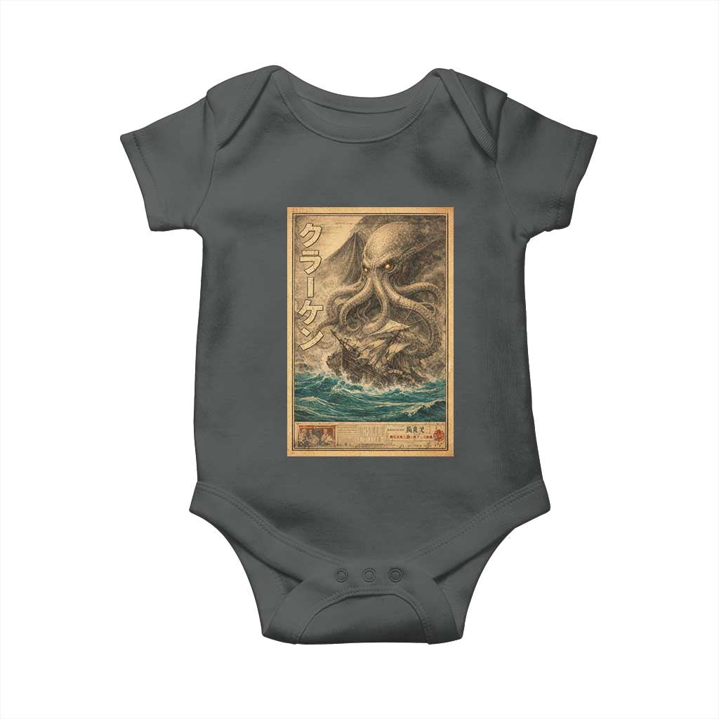 Vintage Japanese Sea Monster Baby Onesie Retro Mythology Newspaper Ukiyo-e Art TS10 Dark Heather Print Your Wear