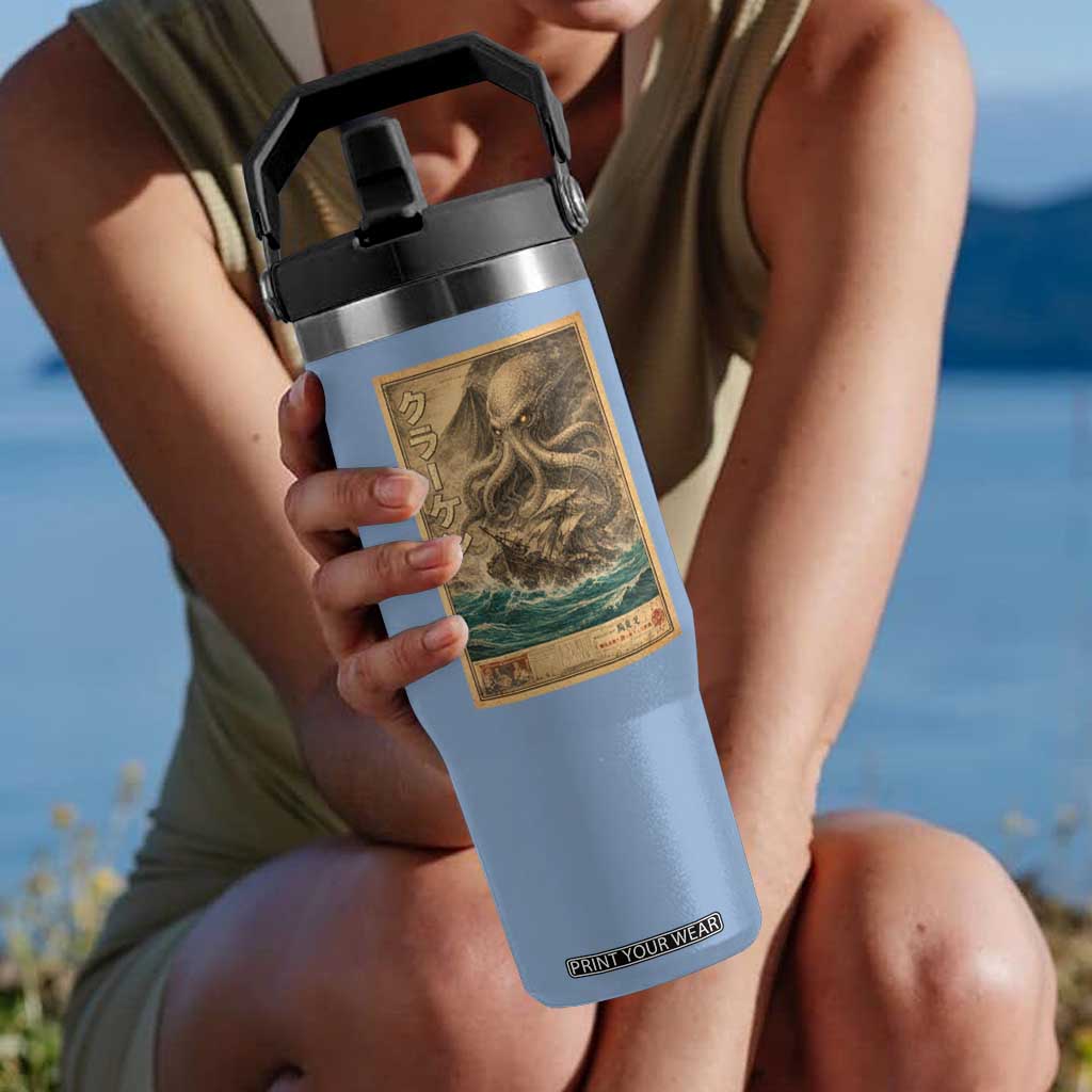 Vintage Japanese Sea Monster Flip Straw Tumbler Retro Mythology Newspaper Ukiyo-e Art TS10 One Size: 30 oz Light Blue Print Your Wear