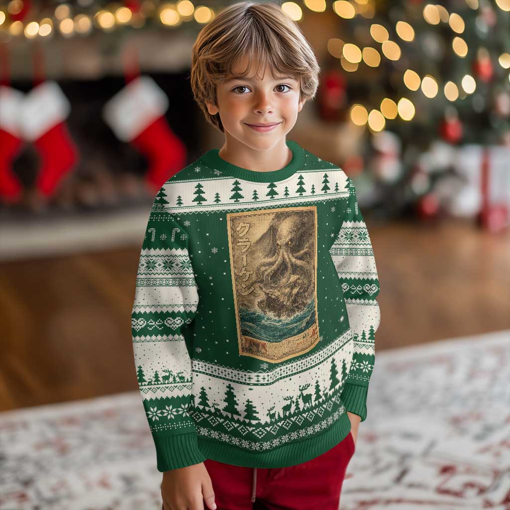 Vintage Japanese Sea Monster Ugly Christmas Sweater Retro Mythology Newspaper Ukiyo-e Art TS10 Forest Green Beige Print Your Wear