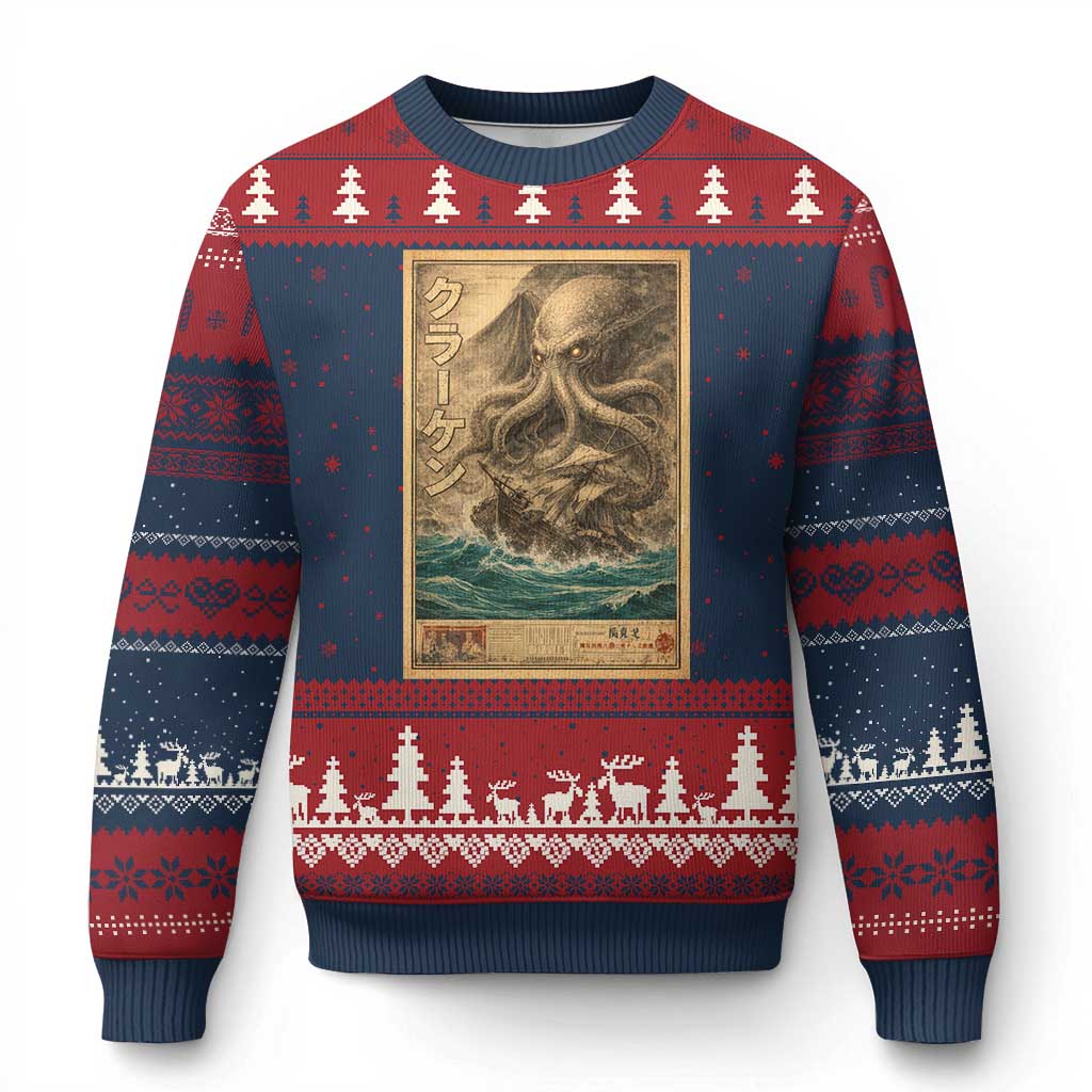 Vintage Japanese Sea Monster Ugly Christmas Sweater Retro Mythology Newspaper Ukiyo-e Art TS10 Navy Red Print Your Wear