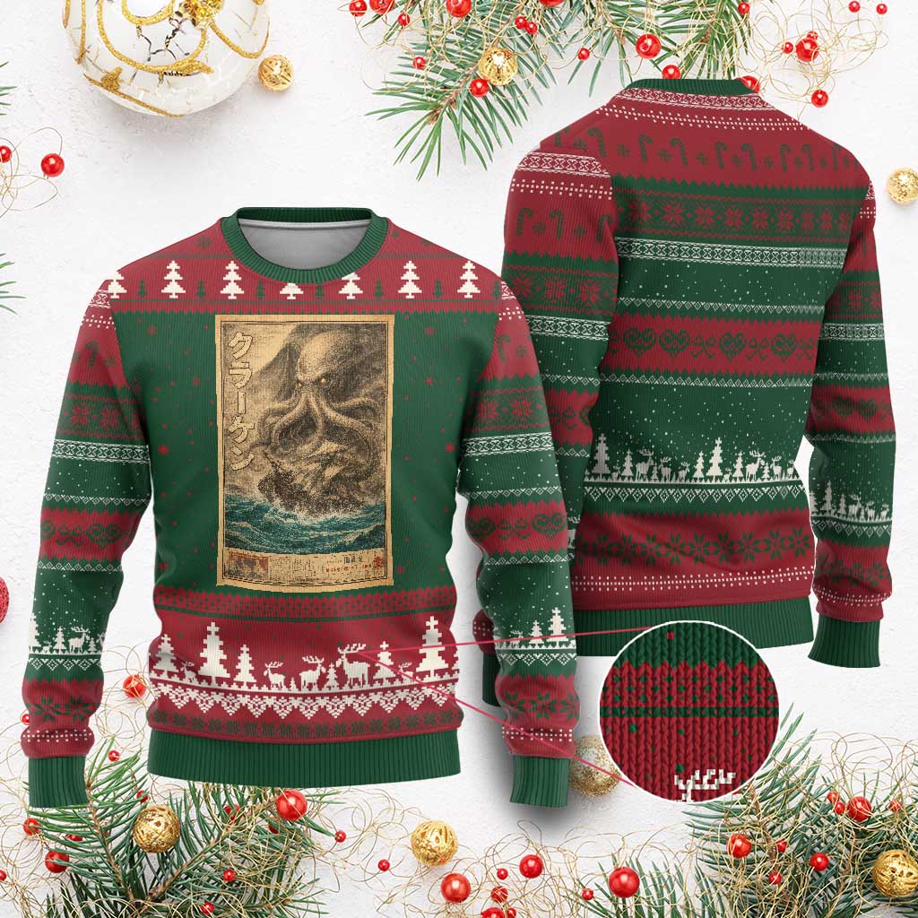 Vintage Japanese Sea Monster Ugly Christmas Sweater Retro Mythology Newspaper Ukiyo-e Art TS10 Red Green Print Your Wear