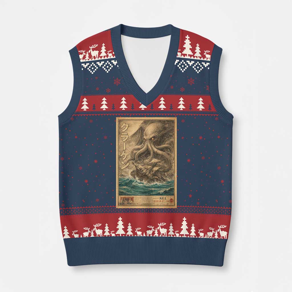 Vintage Japanese Sea Monster V-Neck Knit Sweater Vest Retro Mythology Newspaper Ukiyo-e Art TS10 Navy Red Print Your Wear