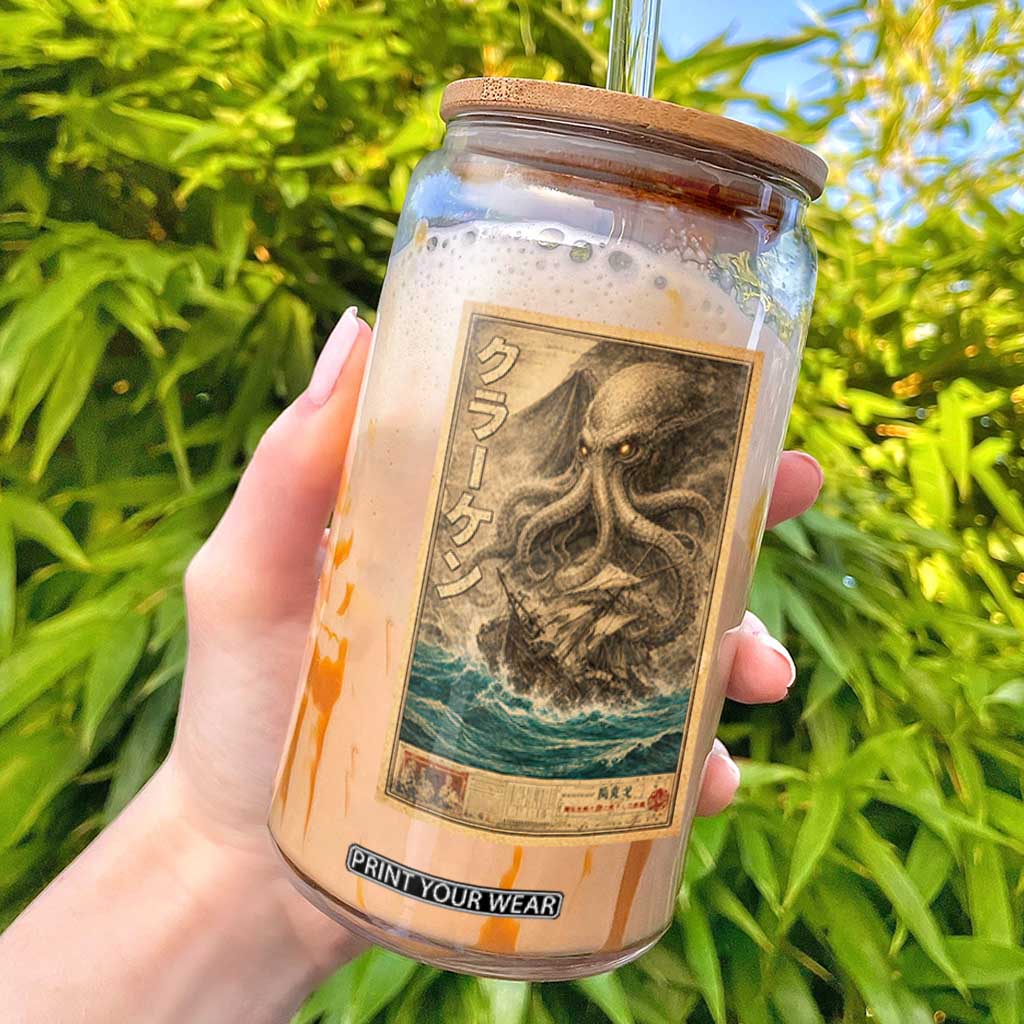 Vintage Japanese Sea Monster Glass Can Retro Mythology Newspaper Ukiyo-e Art TS10 Black Print Your Wear