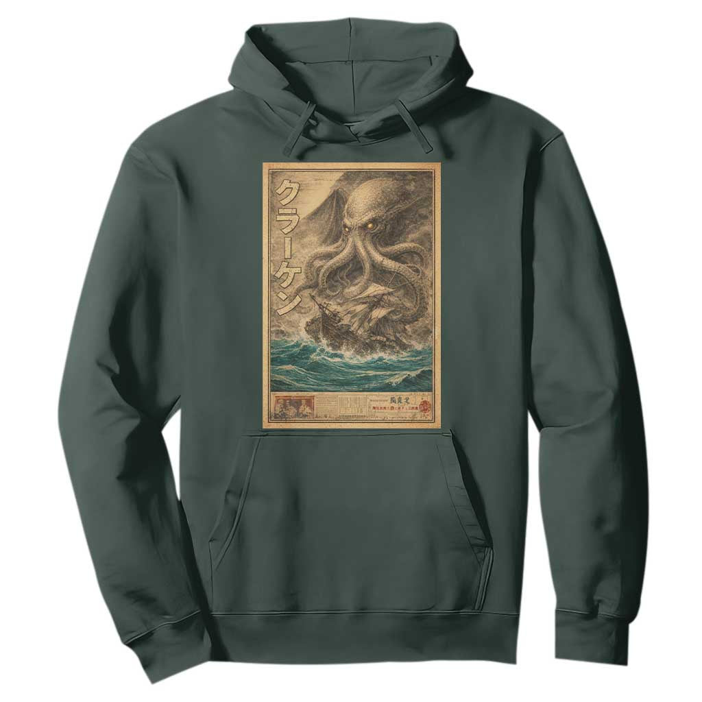 Vintage Japanese Sea Monster Hoodie Retro Mythology Newspaper Ukiyo-e Art TS10 Dark Forest Green Print Your Wear