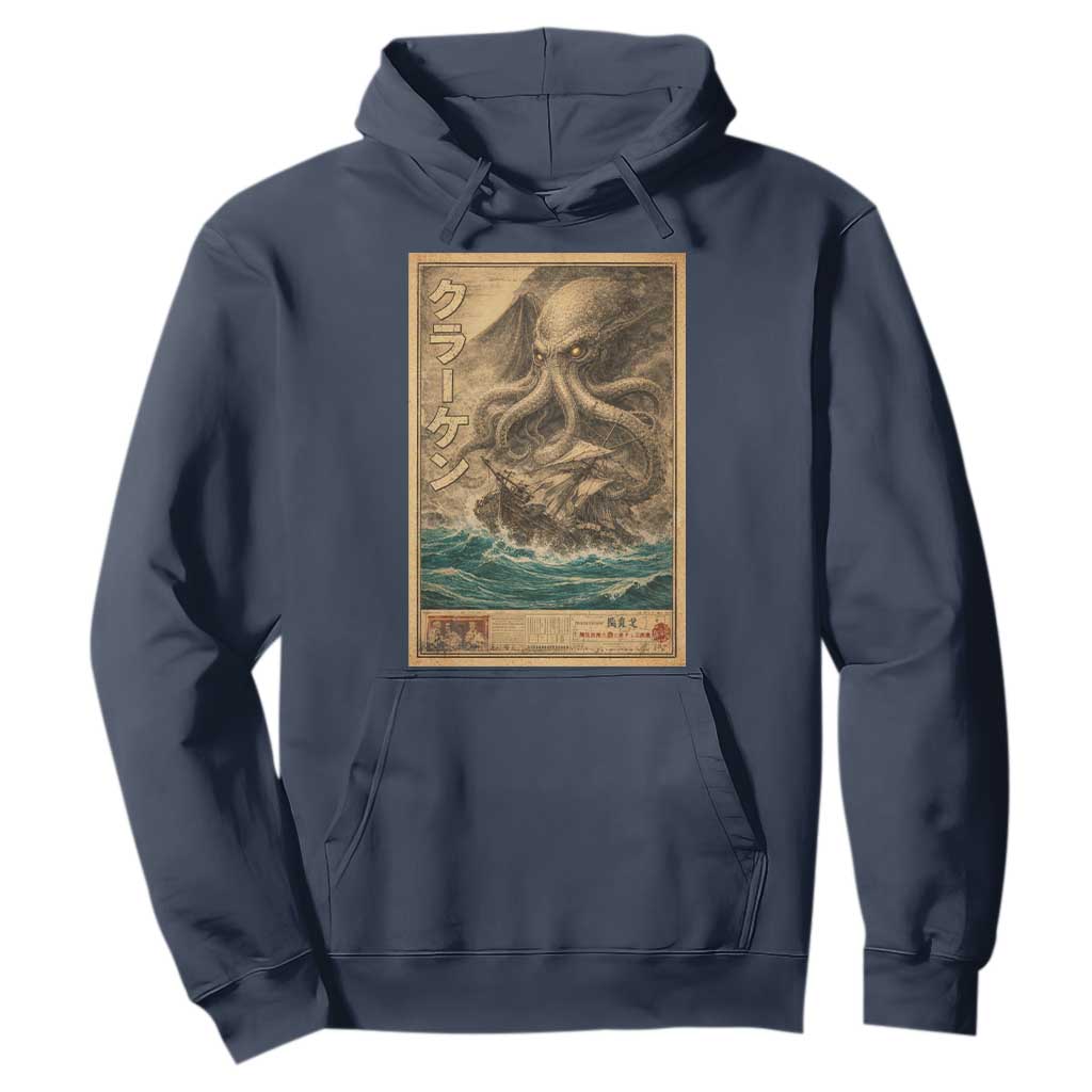 Vintage Japanese Sea Monster Hoodie Retro Mythology Newspaper Ukiyo-e Art TS10 Navy Print Your Wear