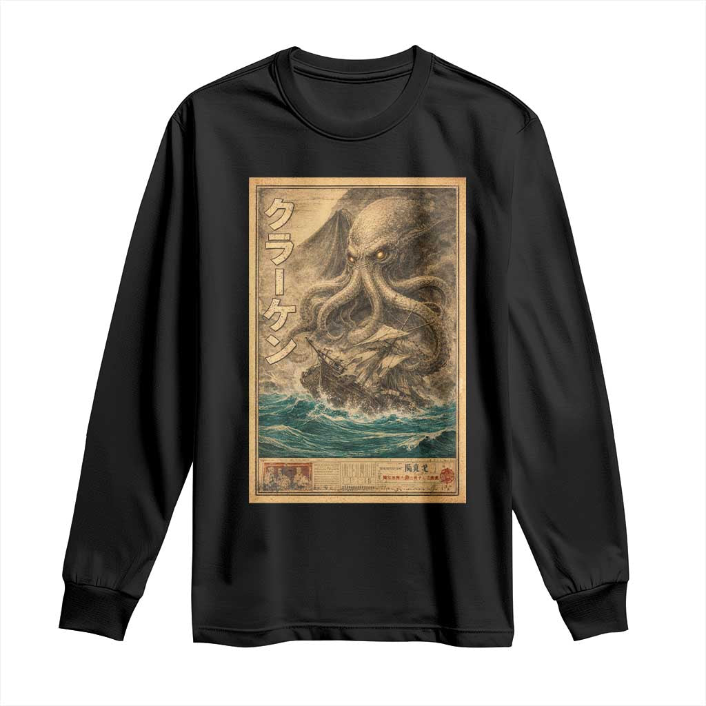 Vintage Japanese Sea Monster Long Sleeve Shirt Retro Mythology Newspaper Ukiyo-e Art TS10 Black Print Your Wear