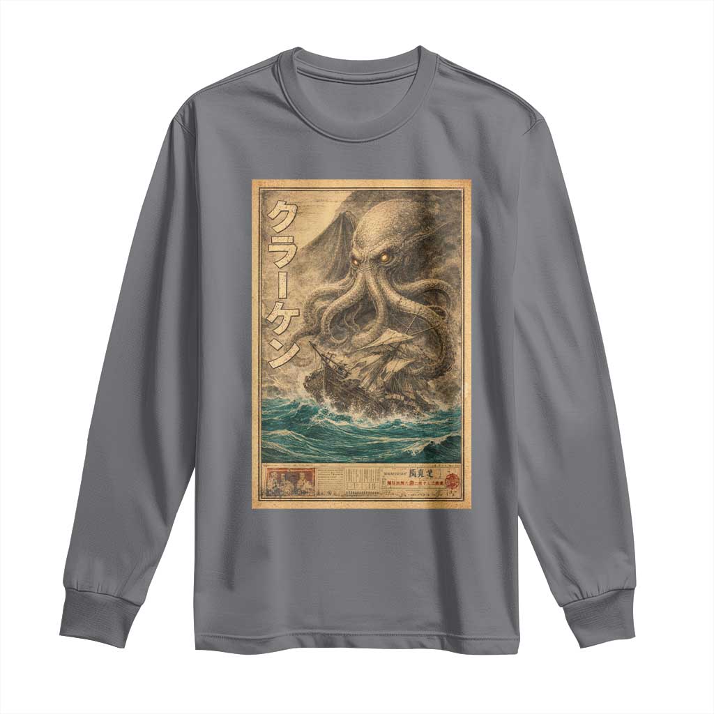 Vintage Japanese Sea Monster Long Sleeve Shirt Retro Mythology Newspaper Ukiyo-e Art TS10 Charcoal Print Your Wear