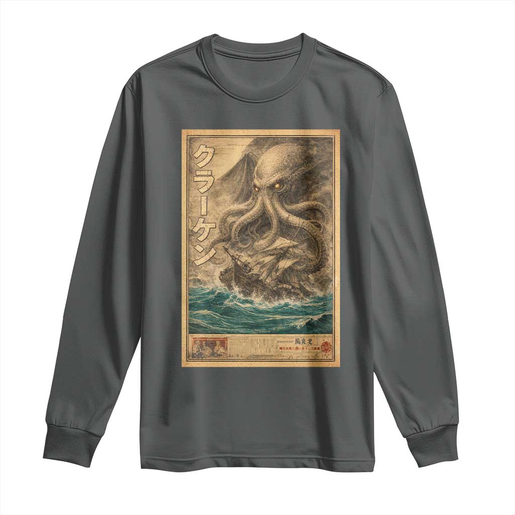 Vintage Japanese Sea Monster Long Sleeve Shirt Retro Mythology Newspaper Ukiyo-e Art TS10 Dark Heather Print Your Wear