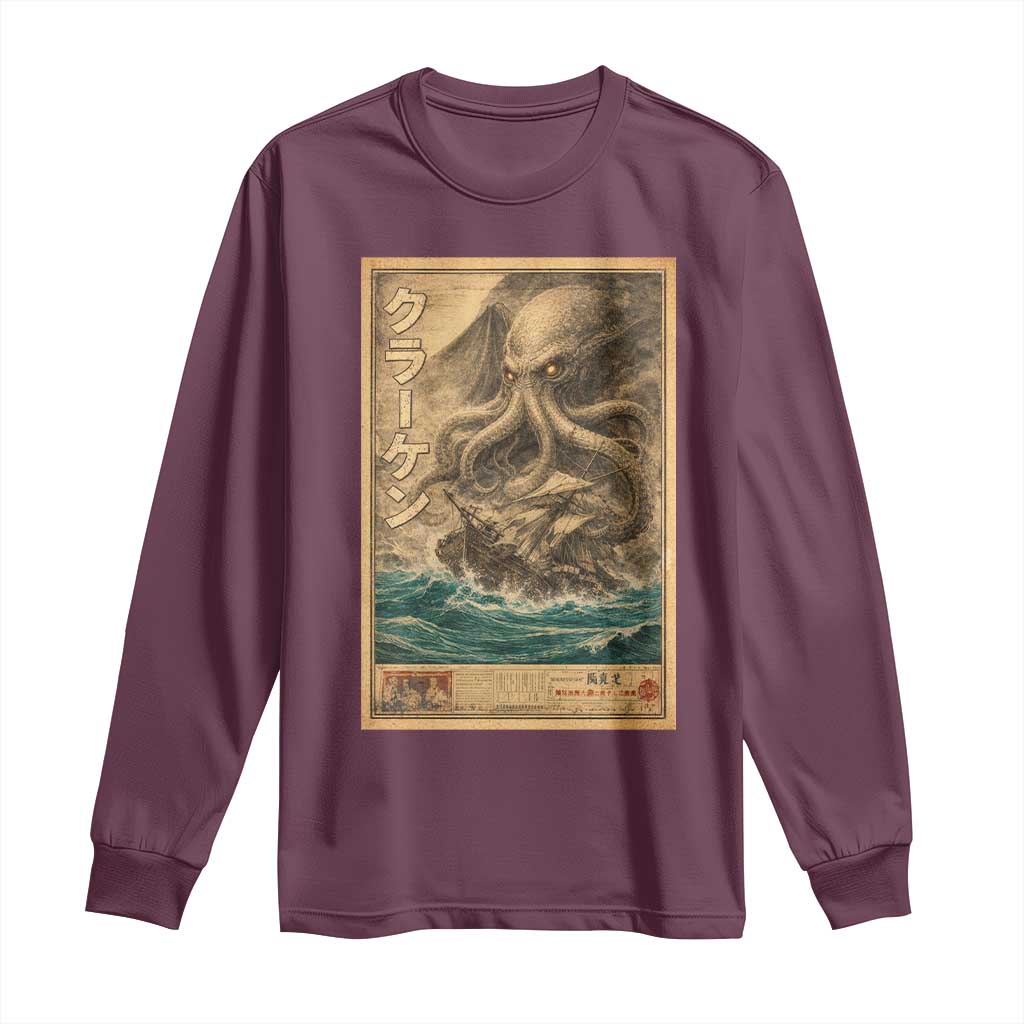 Vintage Japanese Sea Monster Long Sleeve Shirt Retro Mythology Newspaper Ukiyo-e Art TS10 Maroon Print Your Wear
