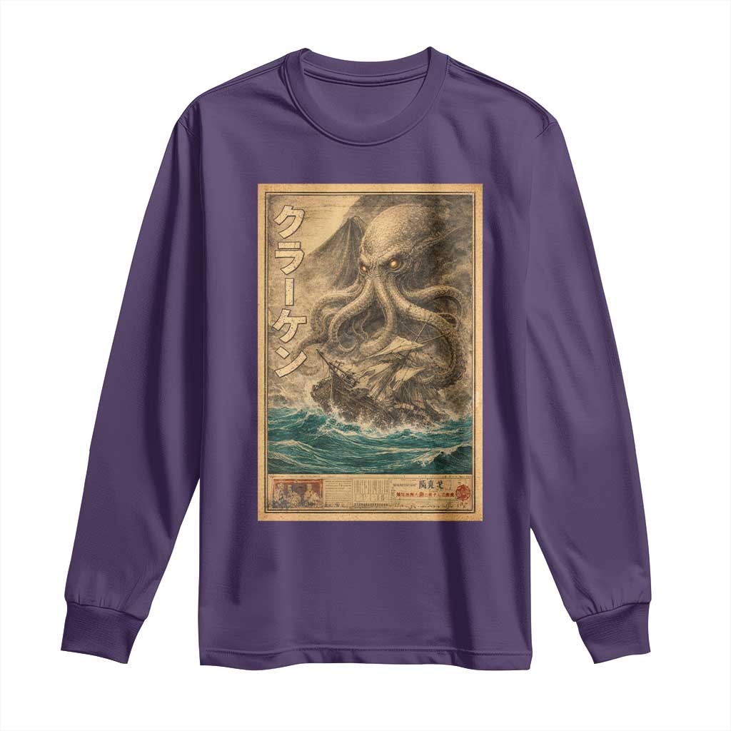 Vintage Japanese Sea Monster Long Sleeve Shirt Retro Mythology Newspaper Ukiyo-e Art TS10 Purple Print Your Wear