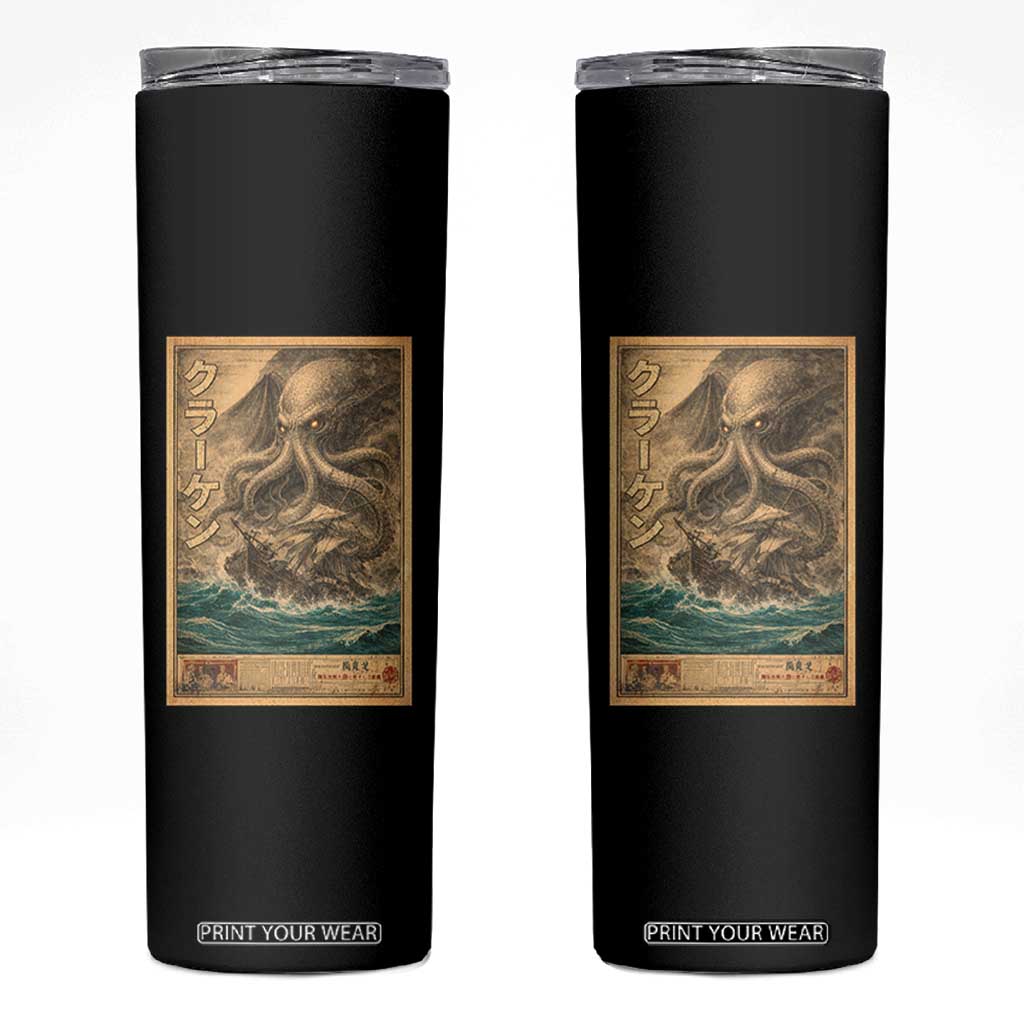 Vintage Japanese Sea Monster Skinny Tumbler Retro Mythology Newspaper Ukiyo-e Art TS10 Black Print Your Wear
