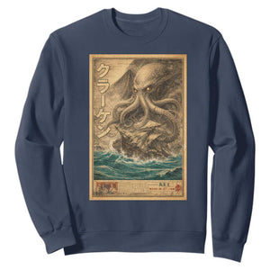Vintage Japanese Sea Monster Sweatshirt Retro Mythology Newspaper Ukiyo-e Art TS10 Navy Print Your Wear
