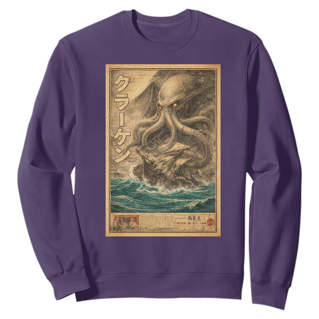 Vintage Japanese Sea Monster Sweatshirt Retro Mythology Newspaper Ukiyo-e Art TS10 Purple Print Your Wear