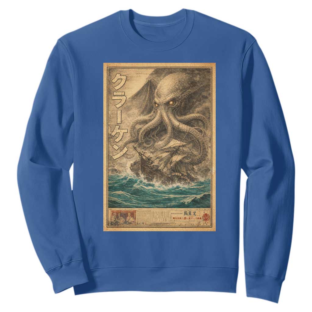 Vintage Japanese Sea Monster Sweatshirt Retro Mythology Newspaper Ukiyo-e Art TS10 Royal Blue Print Your Wear