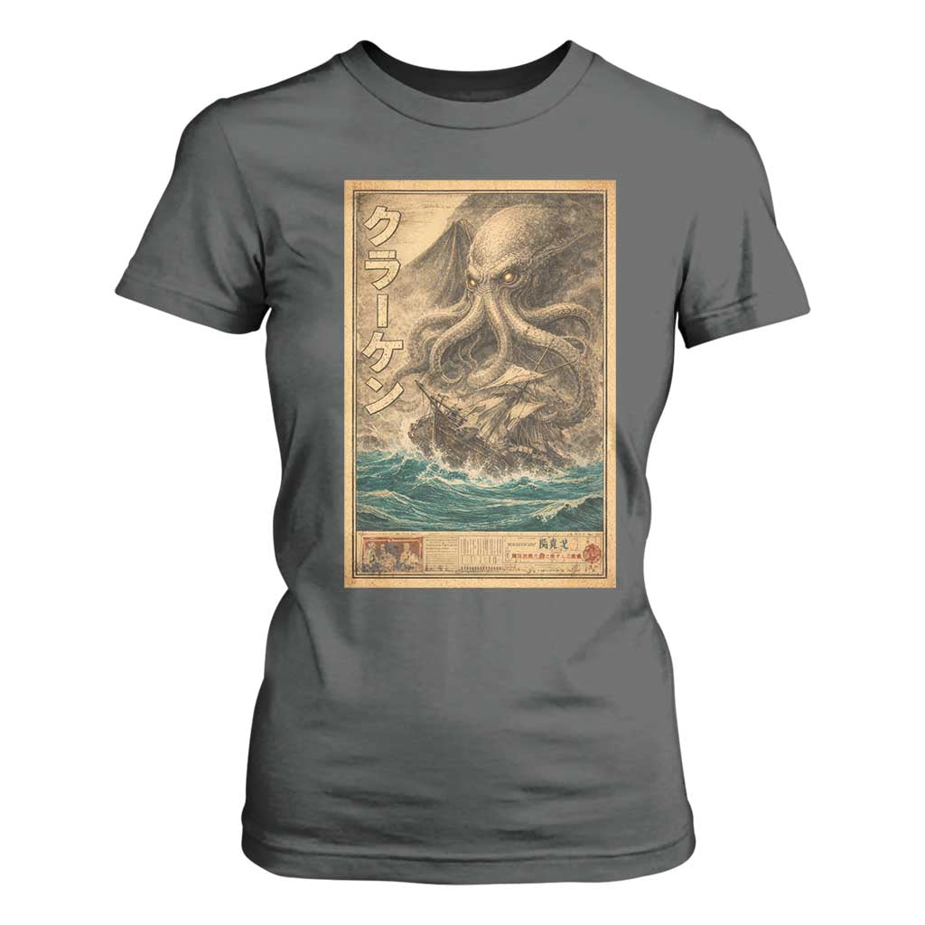 Vintage Japanese Sea Monster T Shirt For Women Retro Mythology Newspaper Ukiyo-e Art TS10 Dark Heather Print Your Wear