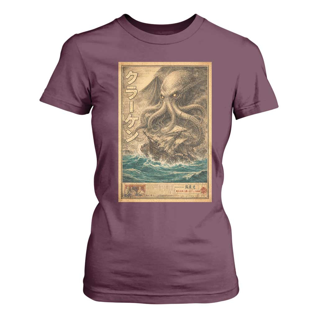 Vintage Japanese Sea Monster T Shirt For Women Retro Mythology Newspaper Ukiyo-e Art TS10 Maroon Print Your Wear