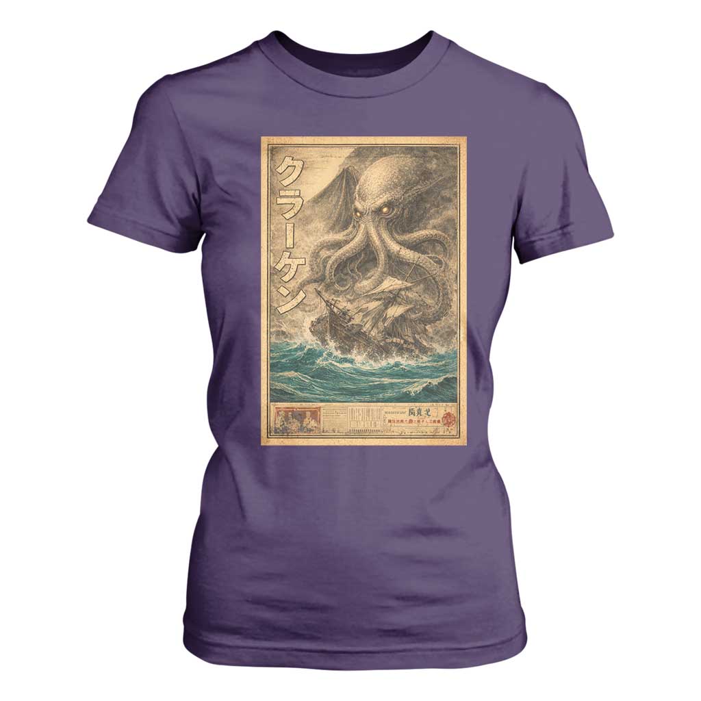 Vintage Japanese Sea Monster T Shirt For Women Retro Mythology Newspaper Ukiyo-e Art TS10 Purple Print Your Wear