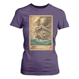 Vintage Japanese Sea Monster T Shirt For Women Retro Mythology Newspaper Ukiyo-e Art TS10 Purple Print Your Wear