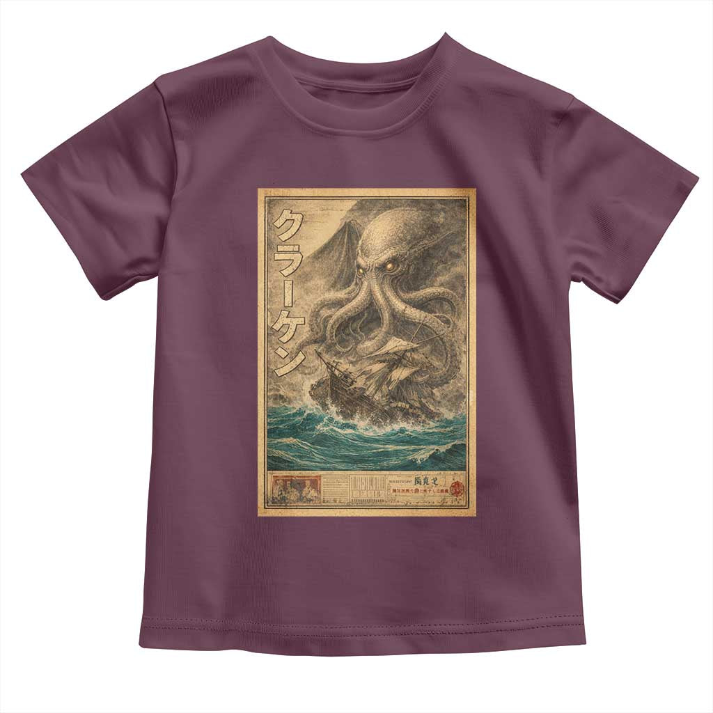 Vintage Japanese Sea Monster Toddler T Shirt Retro Mythology Newspaper Ukiyo-e Art TS10 Maroon Print Your Wear
