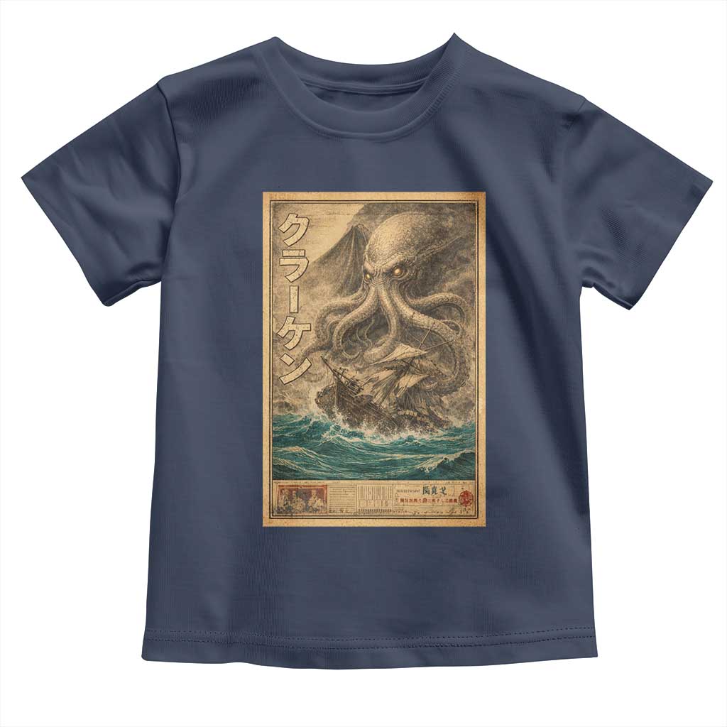 Vintage Japanese Sea Monster Toddler T Shirt Retro Mythology Newspaper Ukiyo-e Art TS10 Navy Print Your Wear