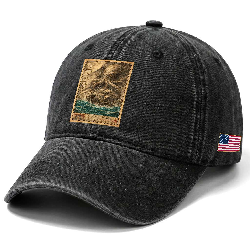 Vintage Japanese Sea Monster Washed Cotton Baseball Cap Retro Mythology Newspaper Ukiyo-e Art TS10 Print Your Wear
