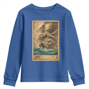Vintage Japanese Sea Monster Youth Sweatshirt Retro Mythology Newspaper Ukiyo-e Art TS10 Royal Blue Print Your Wear