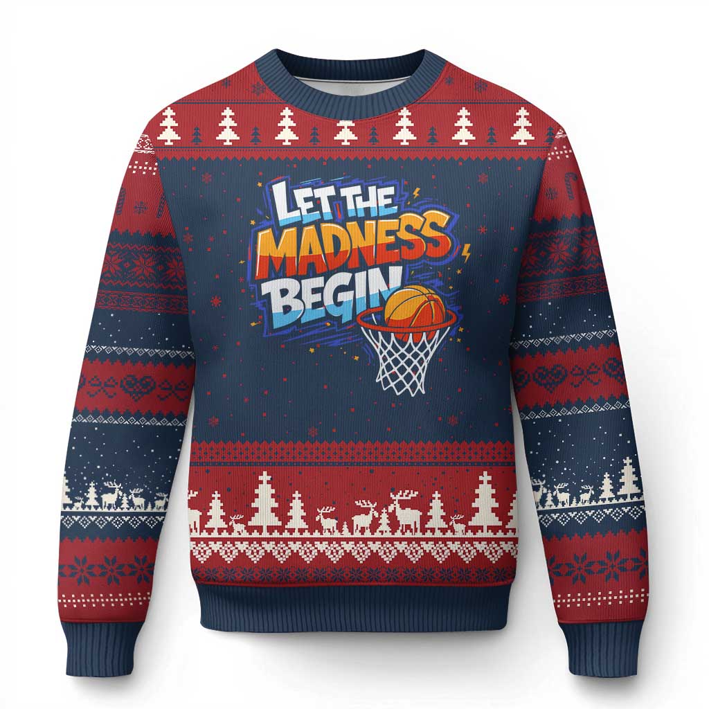 Basketball Bracket Ugly Christmas Sweater Funny Let the Madness Begin Sporty Basketball Players Lovers TS10 Navy Red Print Your Wear