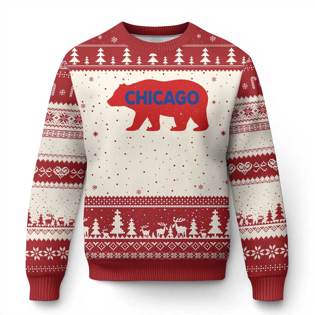 Chicago Baseball Ugly Christmas Sweater Vintage Distressed Illinois City Pride Baseball Lover TS10 Beige Red Print Your Wear