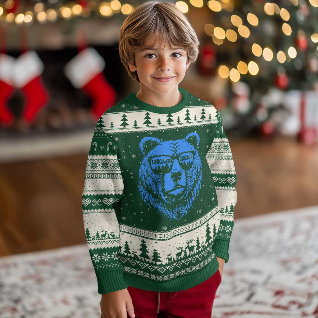 Vintage Chicago Ugly Christmas Sweater Cub With Sunglasses Baseball Fans TS10 Forest Green Beige Print Your Wear