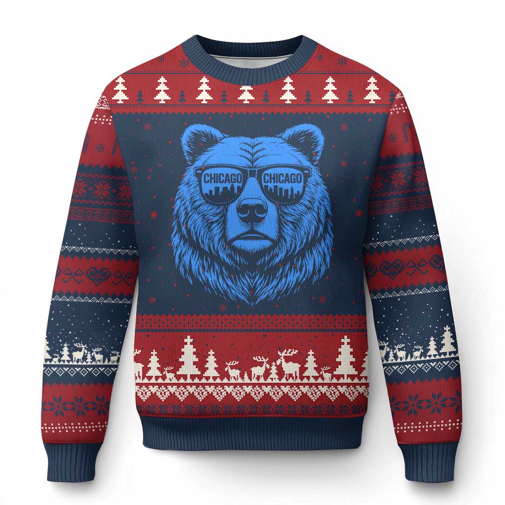 Vintage Chicago Ugly Christmas Sweater Cub With Sunglasses Baseball Fans TS10 Navy Red Print Your Wear