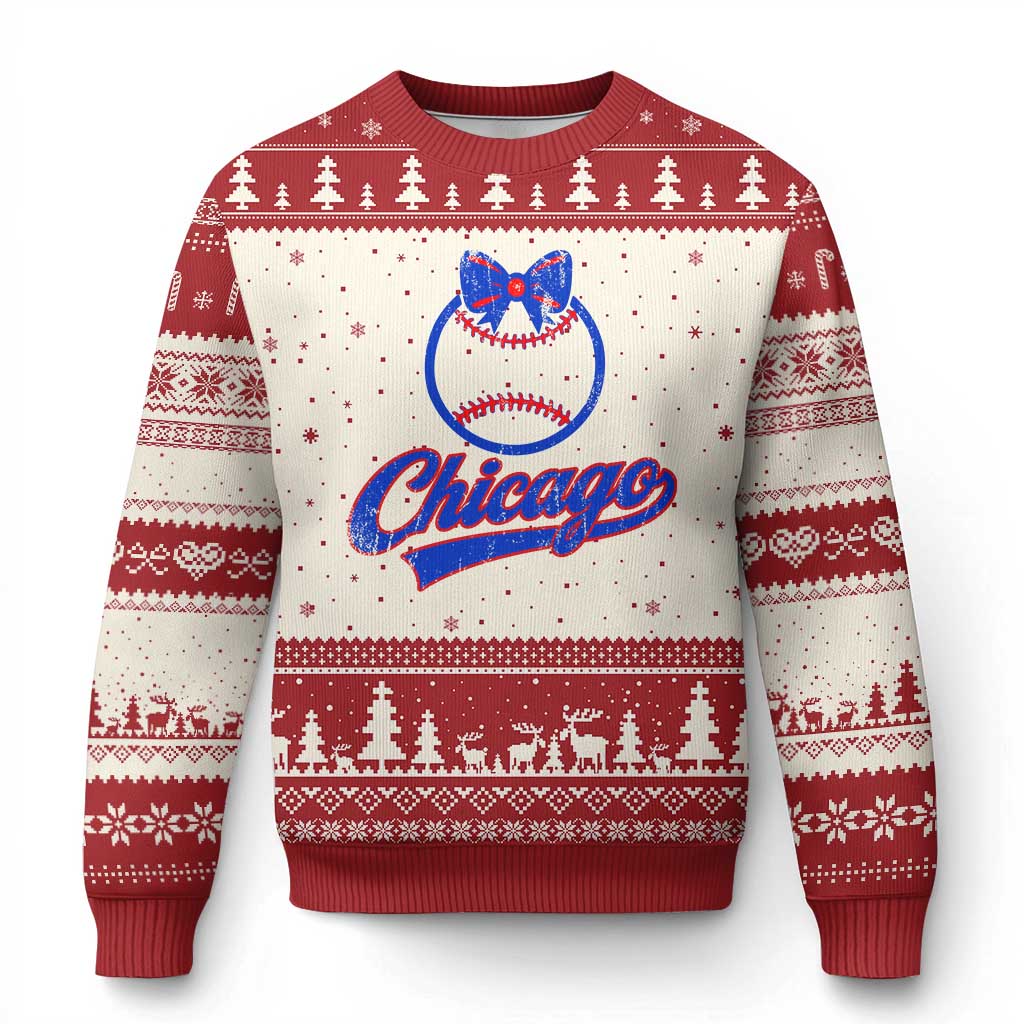 Chicago Coquette Bow Ugly Christmas Sweater Cute Girls Kids Women Baseball Fans TS10 Beige Red Print Your Wear