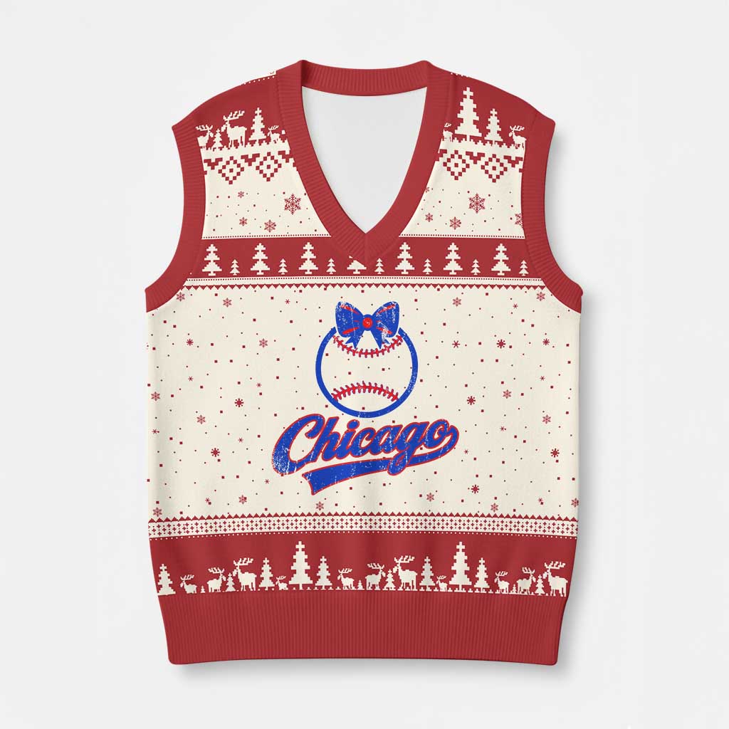 Chicago Coquette Bow V-Neck Knit Sweater Vest Cute Girls Kids Women Baseball Fans TS10 Beige Red Print Your Wear