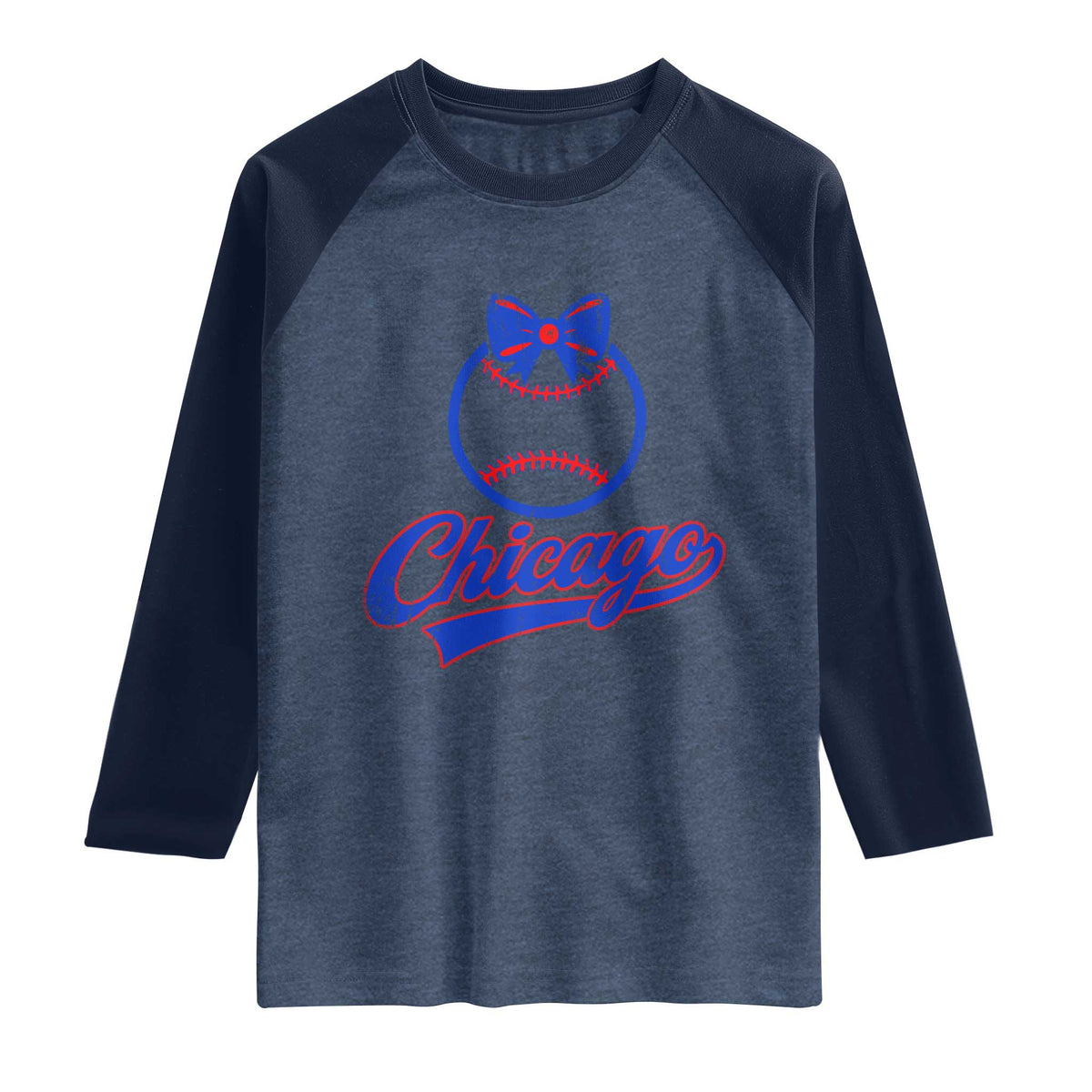 Chicago Coquette Bow Raglan Shirt Cute Girls Kids Women Baseball Fans TS10 Heather Denim Navy Print Your Wear