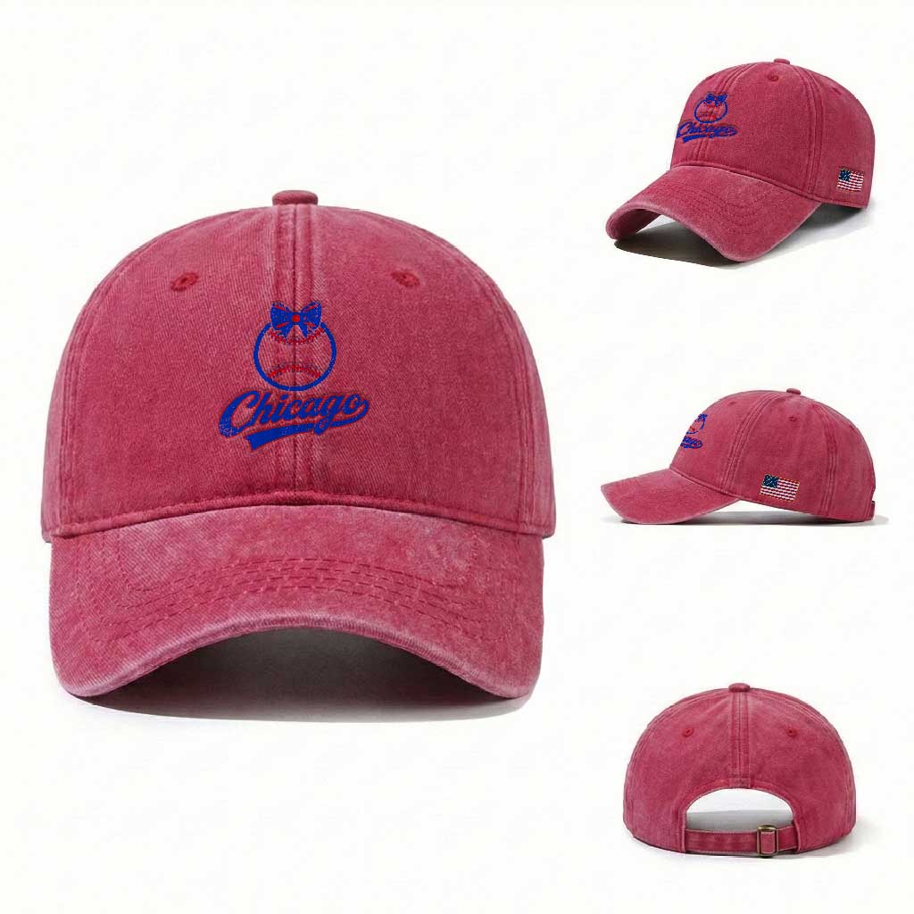 Chicago Coquette Bow Washed Cotton Baseball Cap Cute Girls Kids Women Baseball Fans TS10 Washed Cap Universal Fit Red Print Your Wear