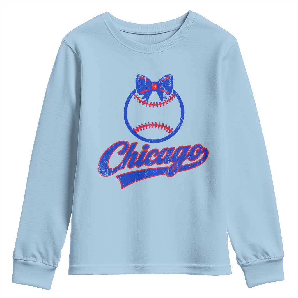 Chicago Coquette Bow Youth Sweatshirt Cute Girls Kids Women Baseball Fans TS10 Light Blue Print Your Wear