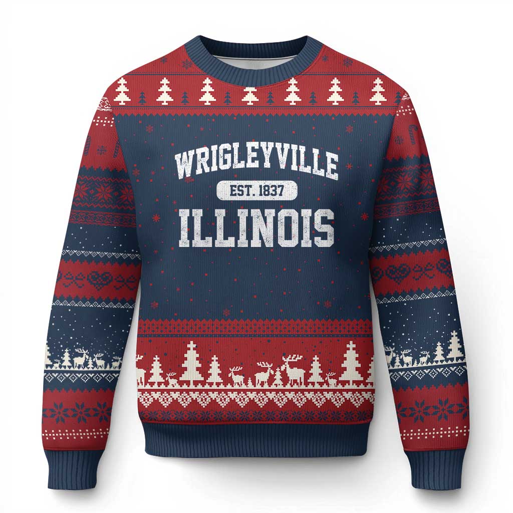 Wrigleyville Illinois Ugly Christmas Sweater Vintage Chicago Classic Distressed Baseball Fan Gift TS10 Navy Red Print Your Wear
