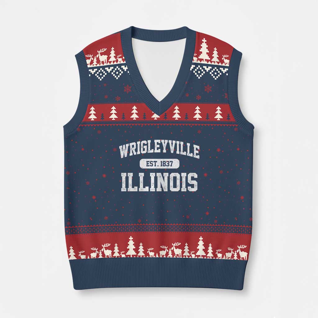 Wrigleyville Illinois V-Neck Knit Sweater Vest Vintage Chicago Classic Distressed Baseball Fan Gift TS10 Navy Red Print Your Wear