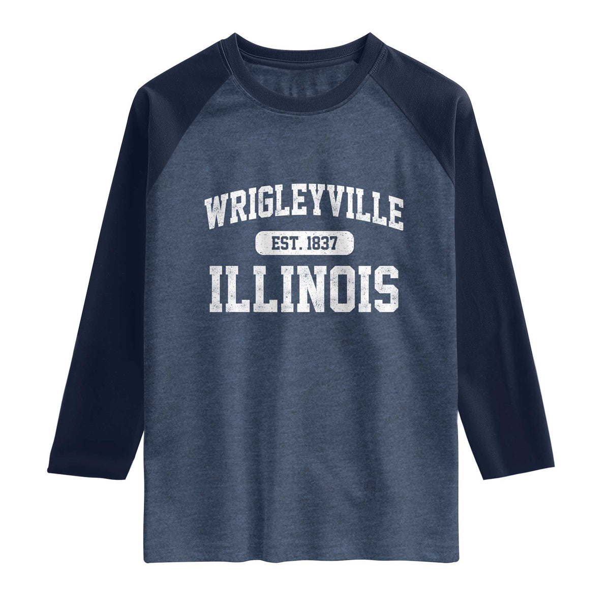 Wrigleyville Illinois Raglan Shirt Vintage Chicago Classic Distressed Baseball Fan Gift TS10 Heather Denim Navy Print Your Wear