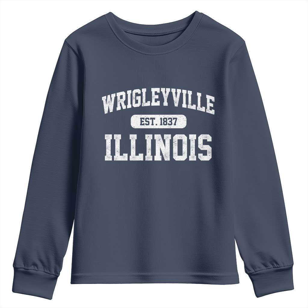 Wrigleyville Illinois Youth Sweatshirt Vintage Chicago Classic Distressed Baseball Fan Gift TS10 Navy Print Your Wear