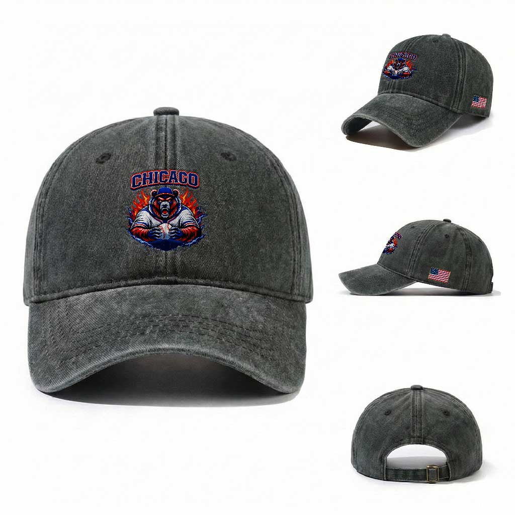 Vintage Chicago Washed Cotton Baseball Cap Retro Baseball Fans TS10 Washed Cap Universal Fit Dark Green Print Your Wear