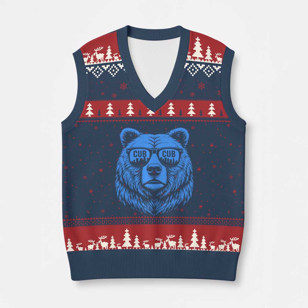 Vintage Cub V-Neck Knit Sweater Vest With Sunglasses Retro Baseball Fans TS10 Navy Red Print Your Wear