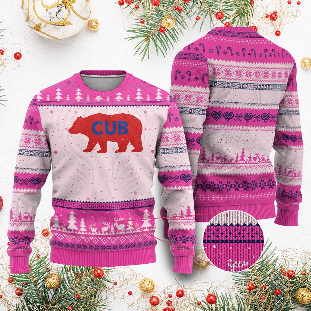 Vintage Cub Ugly Christmas Sweater Retro Sports Bear Baseball Fans TS10 Hot Pink Print Your Wear