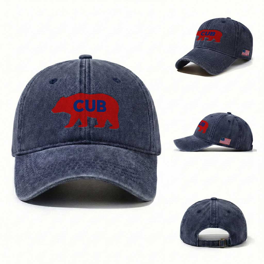 Vintage Cub Washed Cotton Baseball Cap Retro Sports Bear Baseball Fans TS10 Washed Cap Universal Fit Navy Print Your Wear