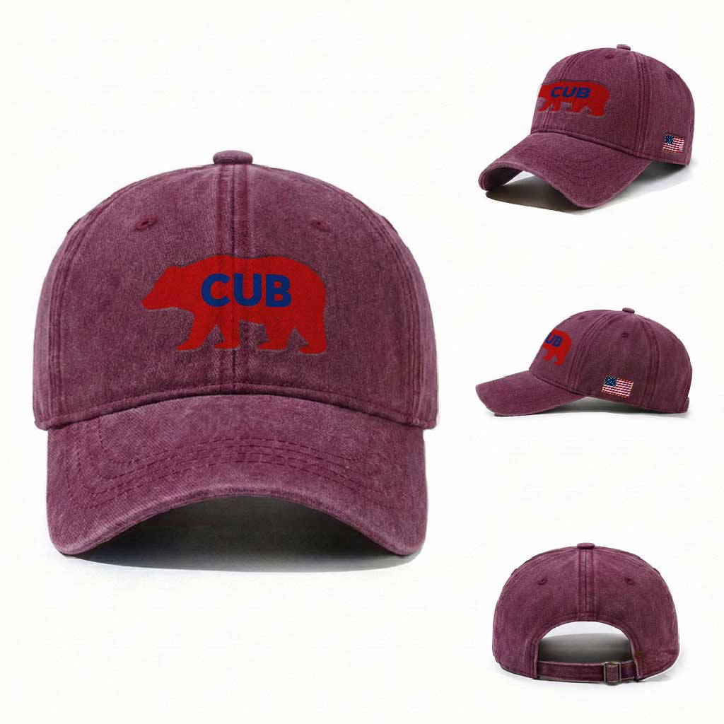 Vintage Cub Washed Cotton Baseball Cap Retro Sports Bear Baseball Fans TS10 Washed Cap Universal Fit Burgundy Print Your Wear