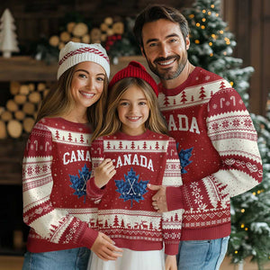 Vintage Canada Hockey Ugly Christmas Sweater Maple Leafs TS10 Red Beige Print Your Wear