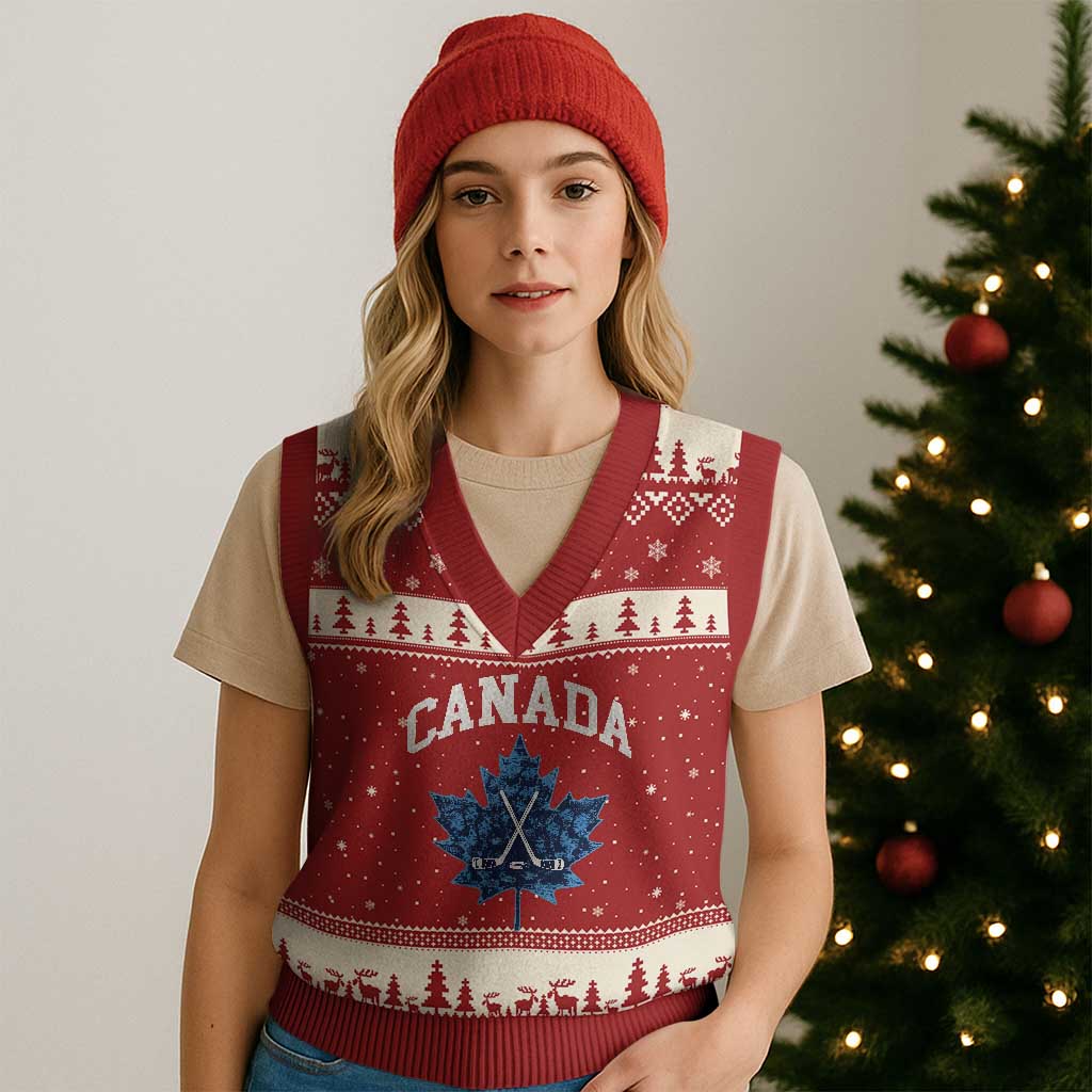 Vintage Canada Hockey V-Neck Knit Sweater Vest Maple Leafs TS10 Red Beige Print Your Wear