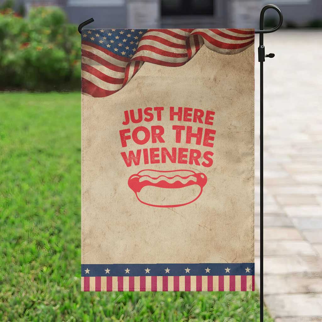 4th of July Just Here For The Wieners Garden Flag Funny Hot Dog Independence Day Patriotic Weenies TS10 Vintage Rustic Tan Navy Print Your Wear